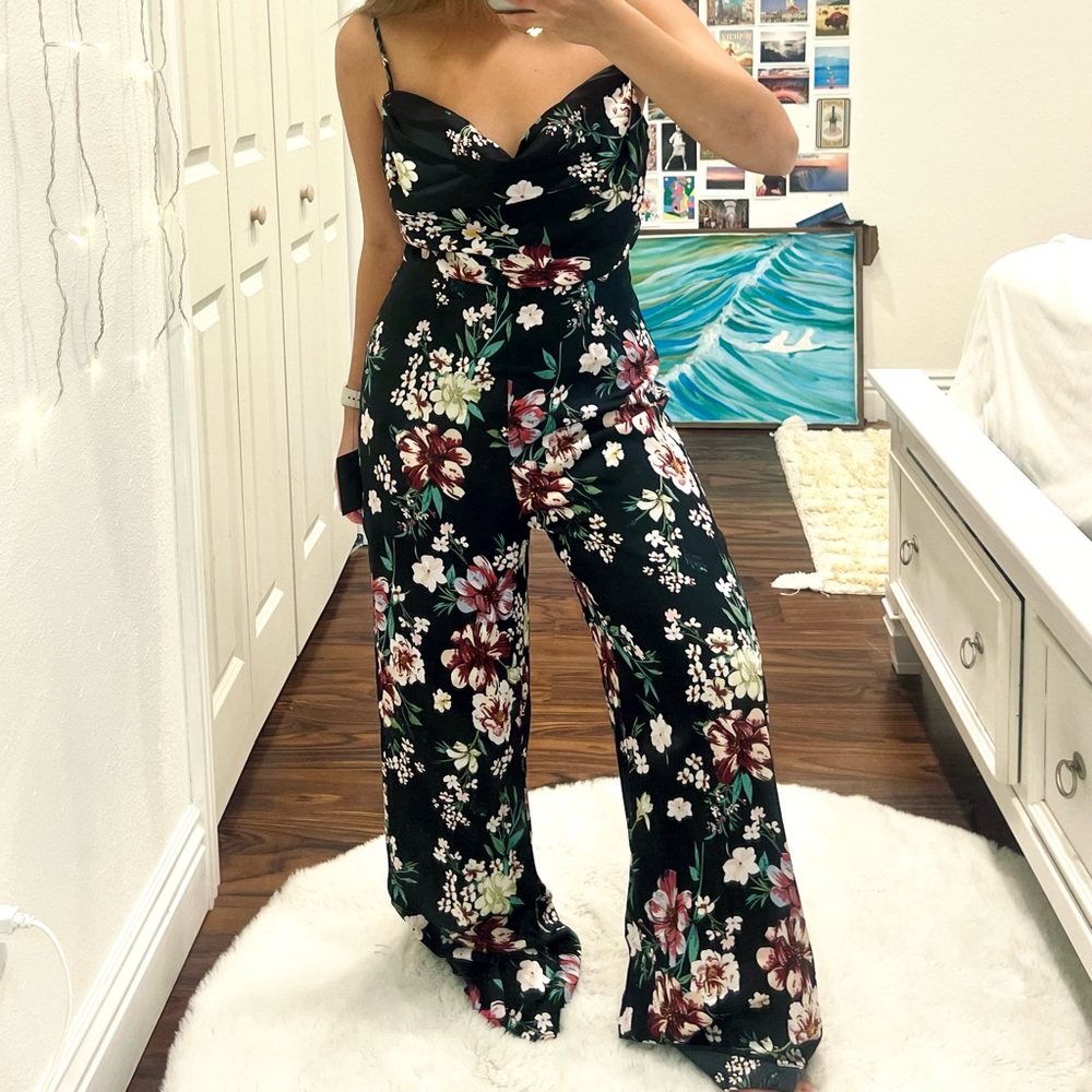 Lulus Black Floral Satin Wide leg Jumpsuit